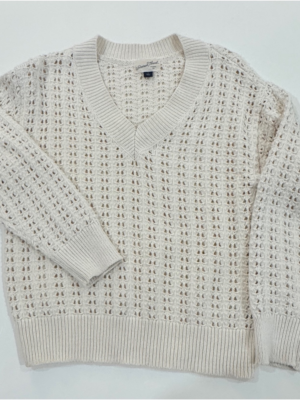 Cream Openwork V-Neck  Sweater